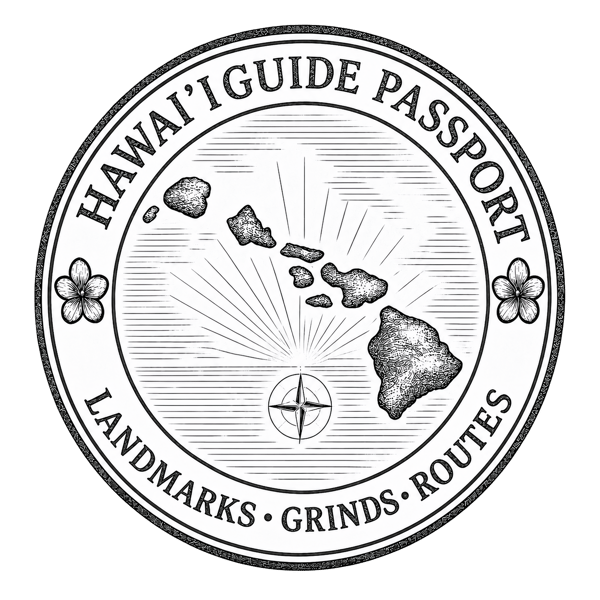 HawaiiGuide Passport seal &mdash; engraved island chain with a compass rose, plumeria blossoms, and the words Landmarks, Grinds, Routes