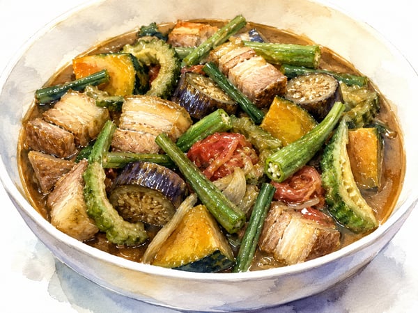 Watercolor illustration of pinakbet &mdash; bittermelon, eggplant, and kabocha squash in a wok with pork belly