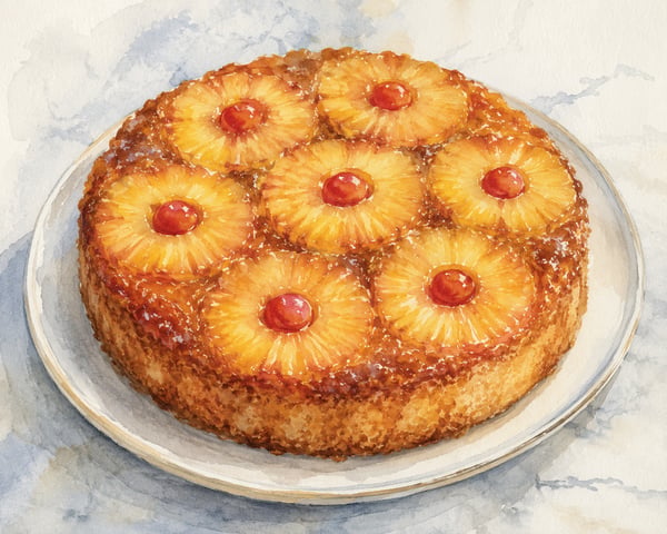 Watercolor illustration of pineapple upside-down cake