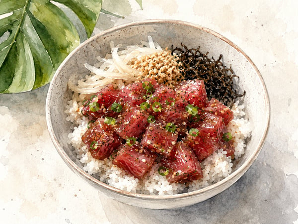 Watercolor illustration of a Hawaiian poke bowl