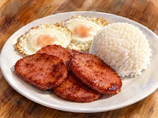 Watercolor illustration of Hawaii Portuguese sausage breakfast plate
