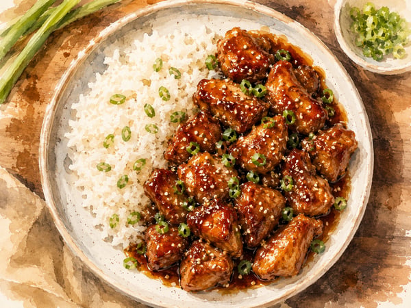 Watercolor illustration of shoyu chicken