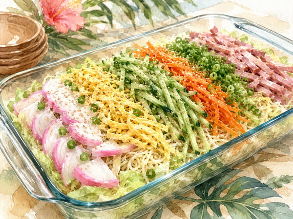 Watercolor illustration of Hawaii-style somen salad