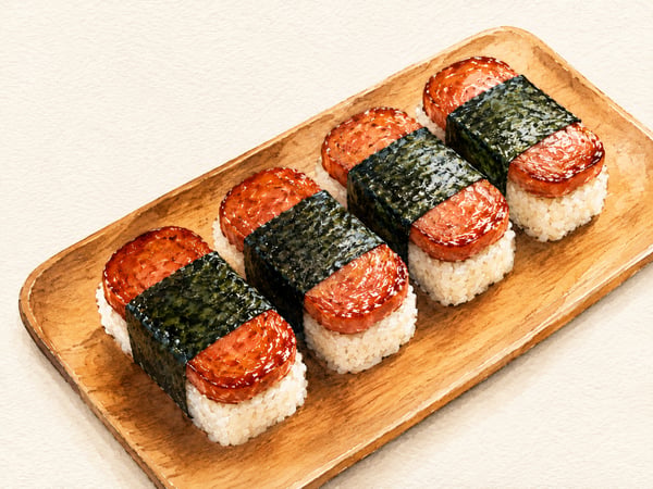 Watercolor illustration of Spam musubi