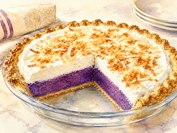 Watercolor illustration of a slice of sweet potato haupia pie