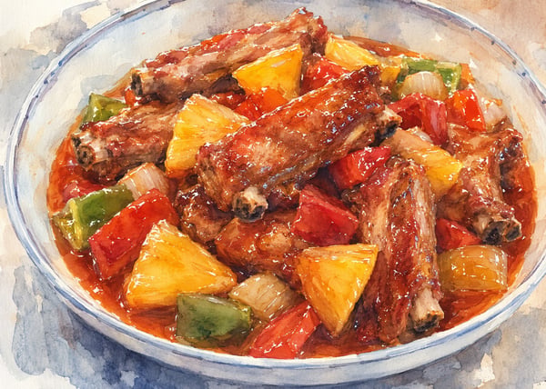 Watercolor illustration of sweet sour spareribs &mdash; glossy pork ribs tangled with pineapple and bell pepper over rice