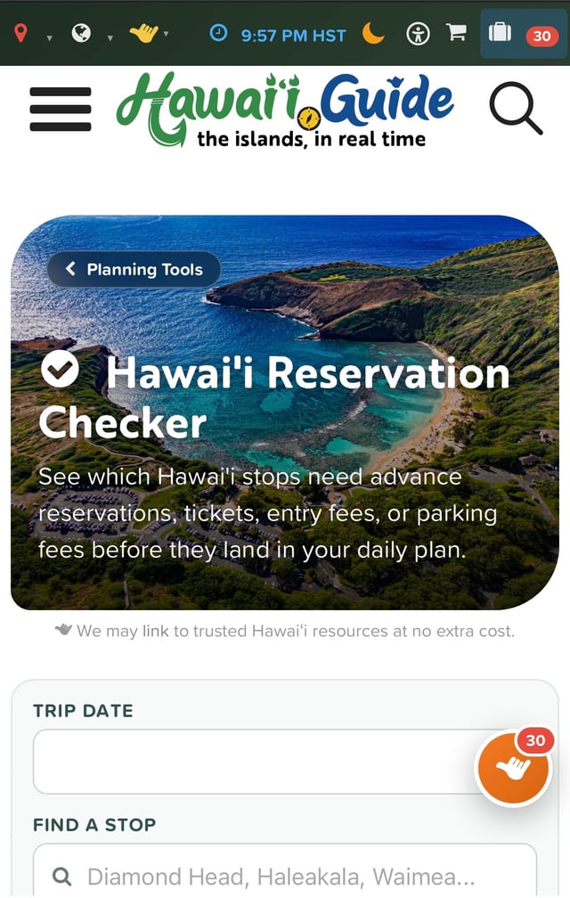 Hawaii Guide Reservation Checker on a phone, with a Hanauma Bay photo and a trip-date field