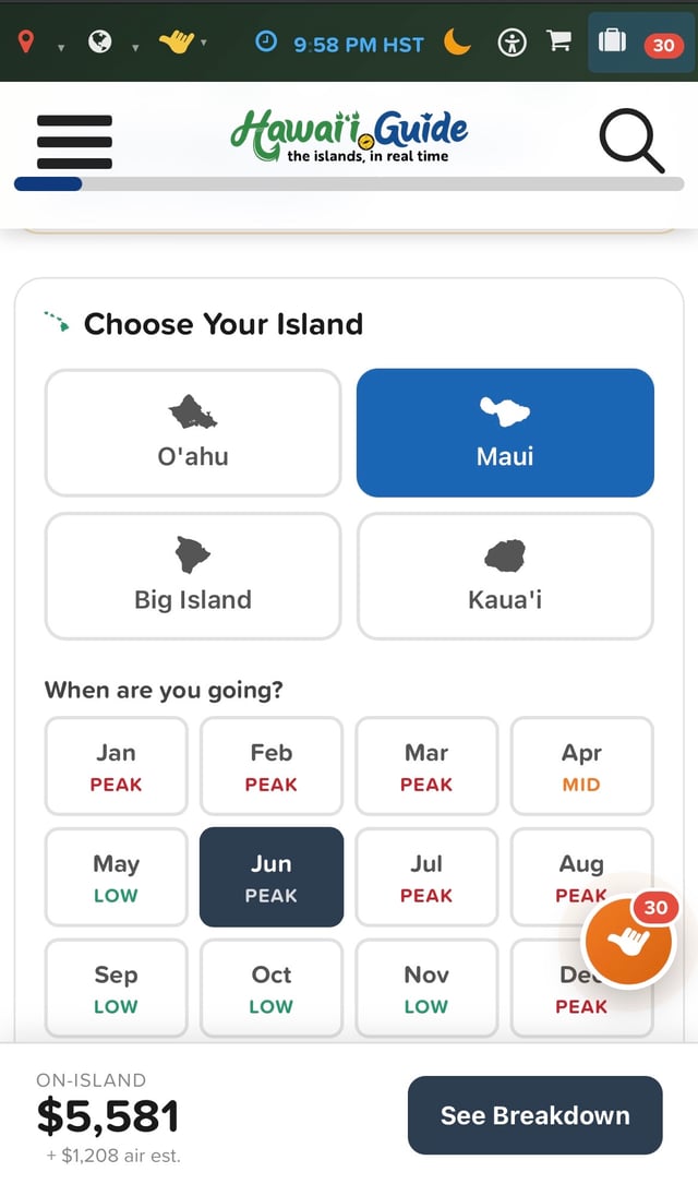 Hawaii Guide Cost Explorer showing island choices, travel month, and an estimated on-island total