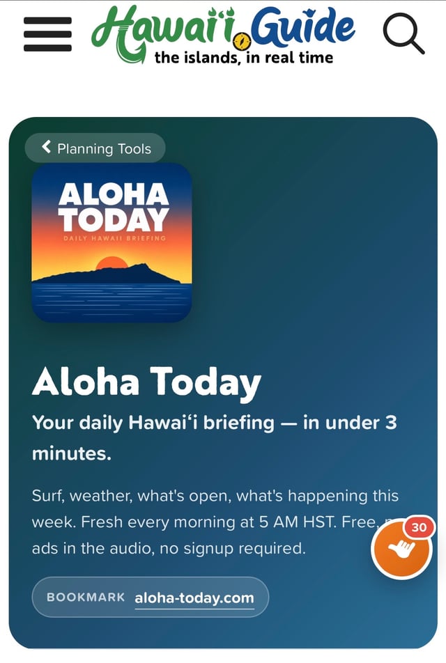 Hawaii Guide Aloha Today card describing a daily Hawaii audio briefing in under three minutes