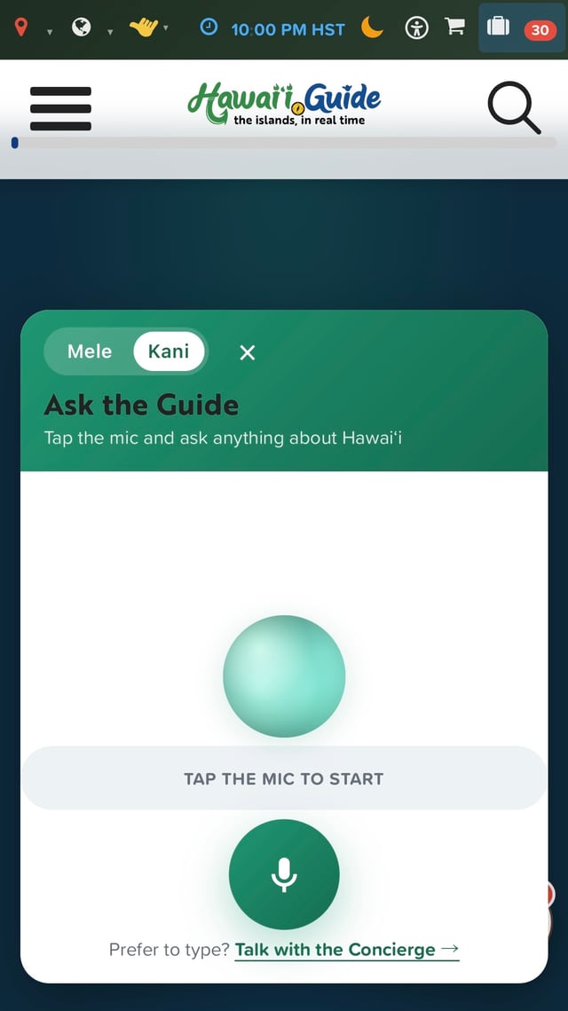 Hawaii Guide Ask the Guide voice screen with a microphone button and Mele and Kani voices