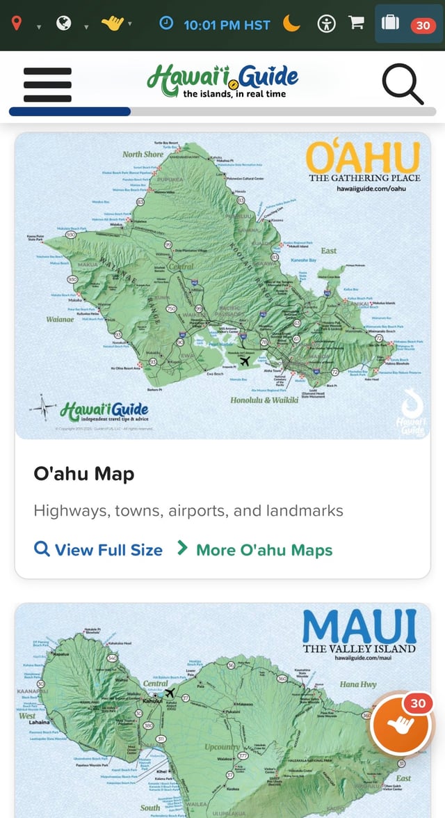 Hawaii Guide Oahu and Maui island reference maps with highways, towns, and landmarks