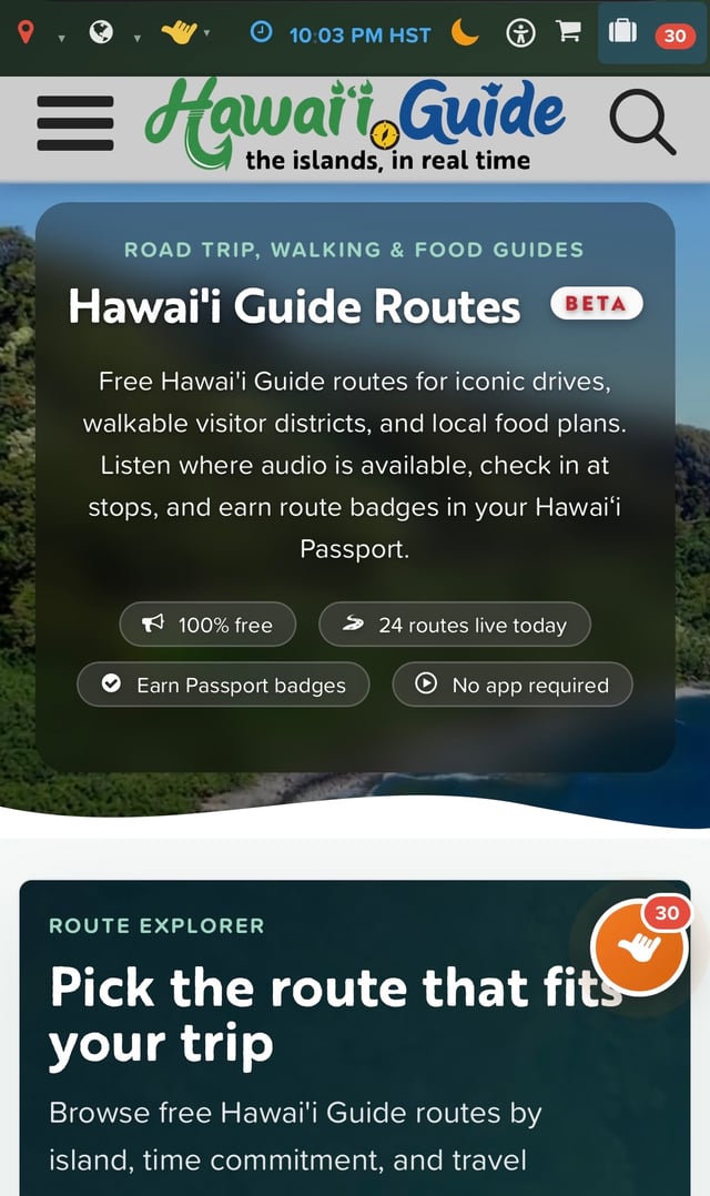 Hawaii Guide Routes screen for iconic drives, walkable districts, and local food plans