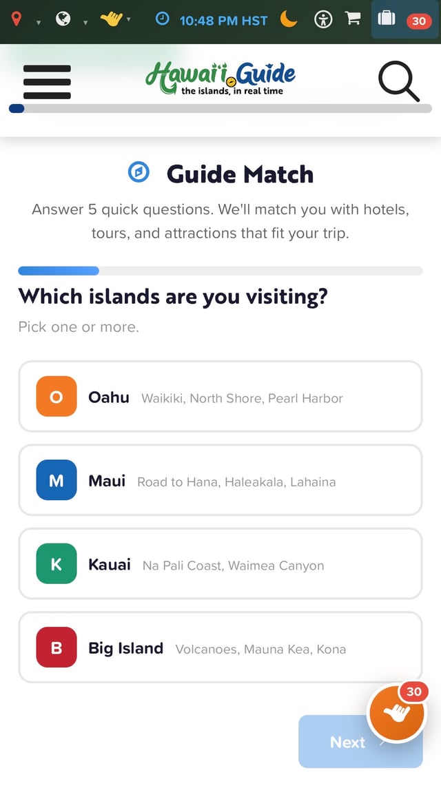 Hawaii Guide's Trip Match quiz asking which islands you are visiting, with Oahu, Maui, Kauai, and Big Island options