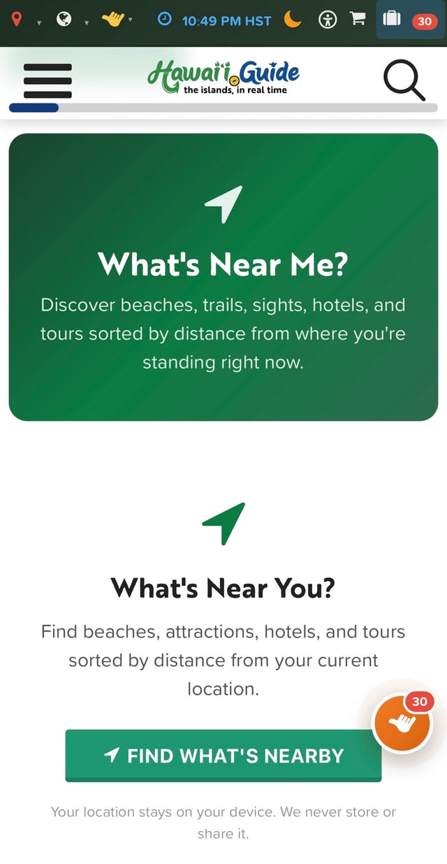 Hawaii Guide Near Me screen offering to find beaches, trails, sights, and tours by distance