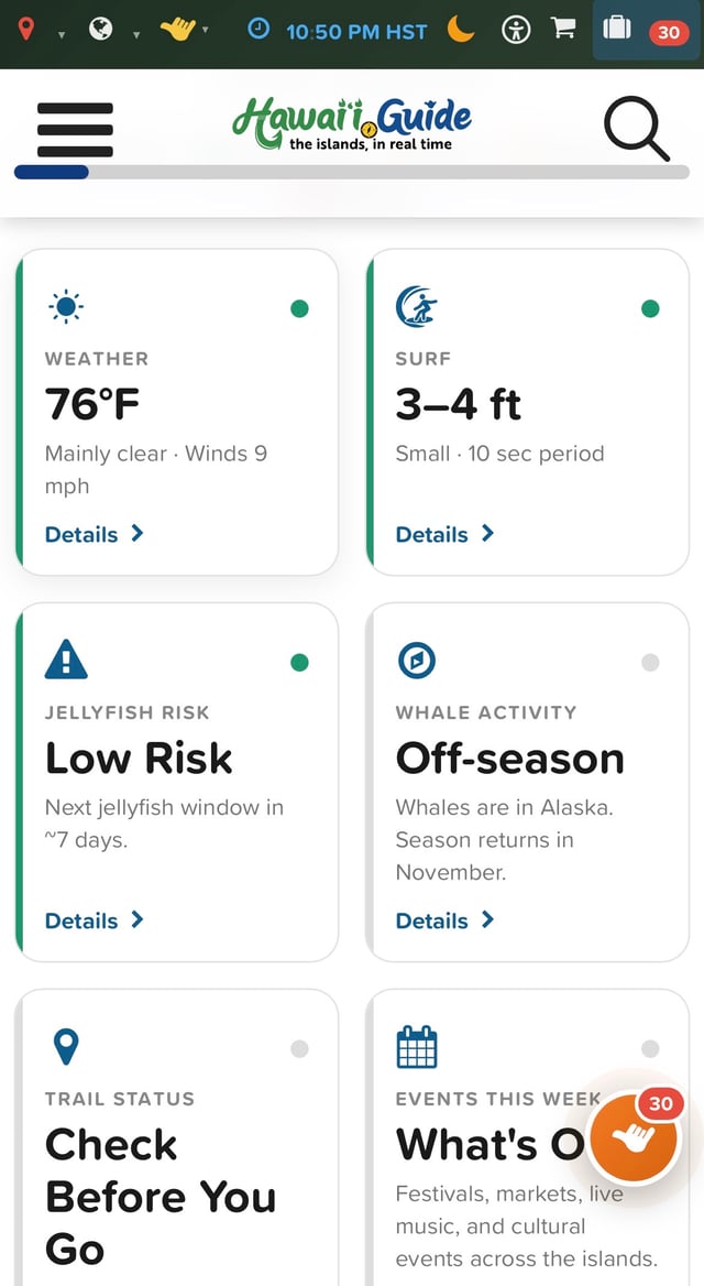 Hawaii Guide live conditions dashboard showing weather, surf, jellyfish risk, and whale activity