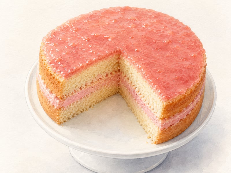 Watercolor illustration of Hawaii guava chiffon cake &mdash; a pink-glazed layer cake with a slice cut