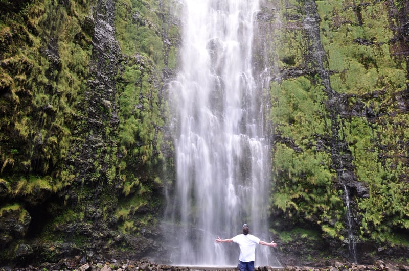 John at the base of Waimoku Falls on the Pīpīwai Trail, Maui