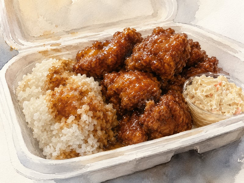 Watercolor illustration of Hawaii-style Korean fried chicken &mdash; lacquered boneless chicken pieces with sesame and green onion