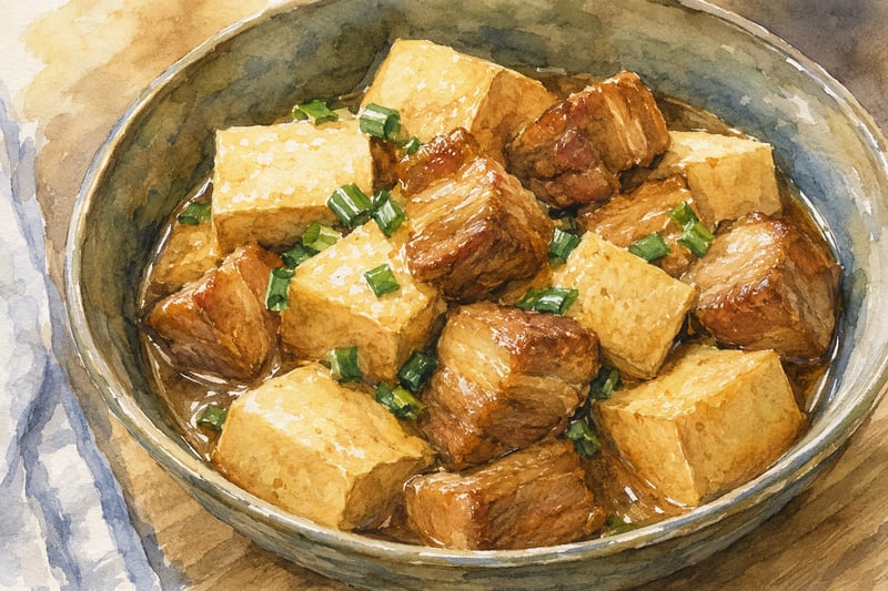 Watercolor illustration of Hawaii pork tofu &mdash; sliced pork, tofu cubes, and watercress glazed with shoyu