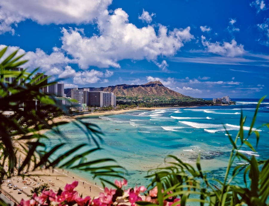 Waikiki shoreline at sunset for Hawaii time planning