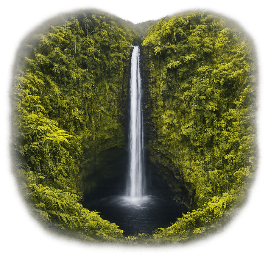 Illustrated view of ʻAkaka Falls cascading 442 feet through Big Island rainforest