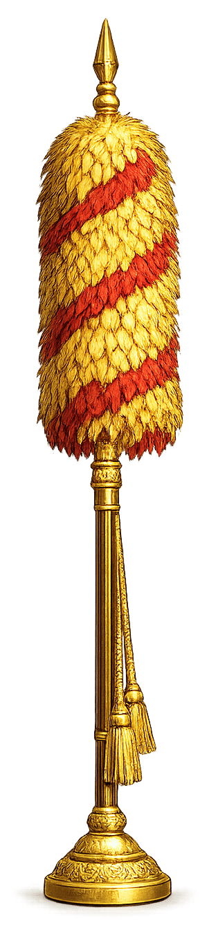 A kāhili — the red-and-yellow feather standard of Hawaiian royalty, mounted on a gilt pole with a spear-tip finial