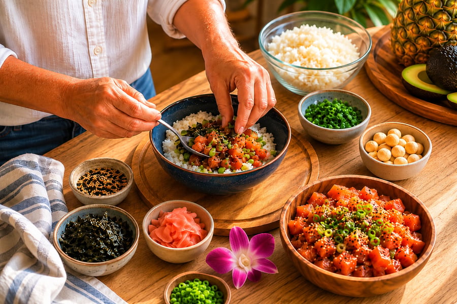 Hands preparing fresh poke ingredients