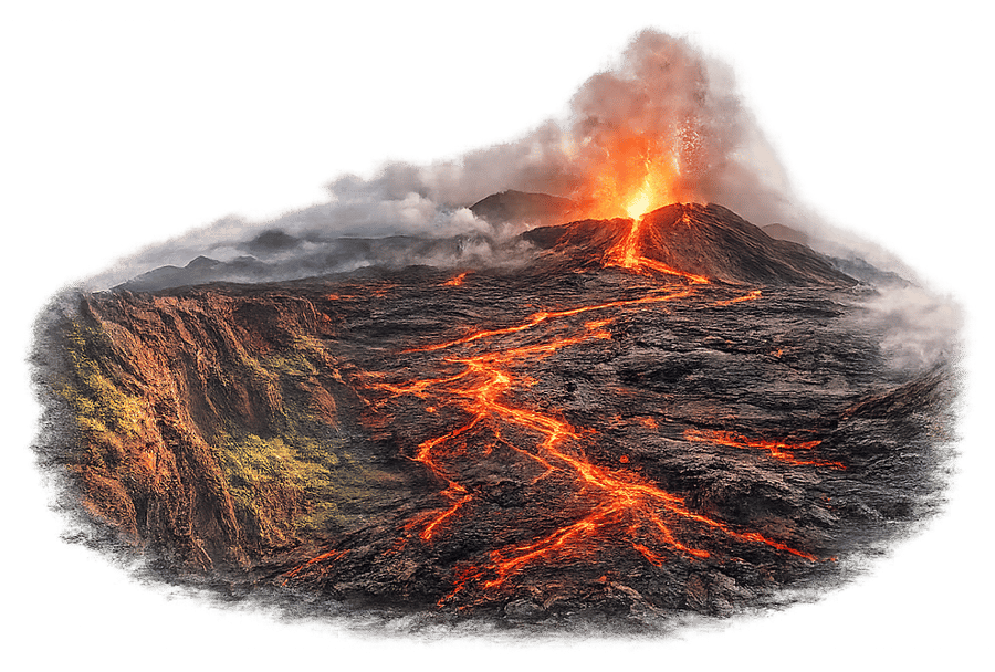 Illustrated view of Hawaiʻi Volcanoes National Park caldera with steam and lava