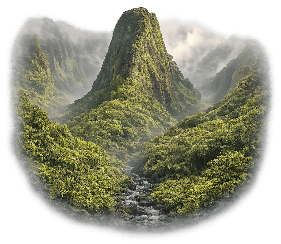Illustrated view of Kūkaʻemoku (ʻIao Needle) and ʻIao Valley, Maui