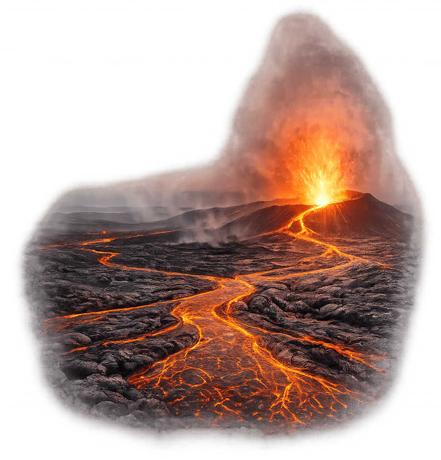 Illustrated view of an active Kīlauea eruption with lava flows and ash plume