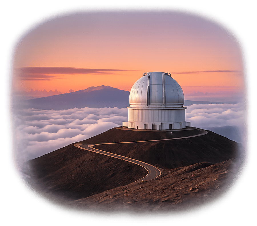 Illustrated view of the Mauna Kea summit and observatory dome above the clouds