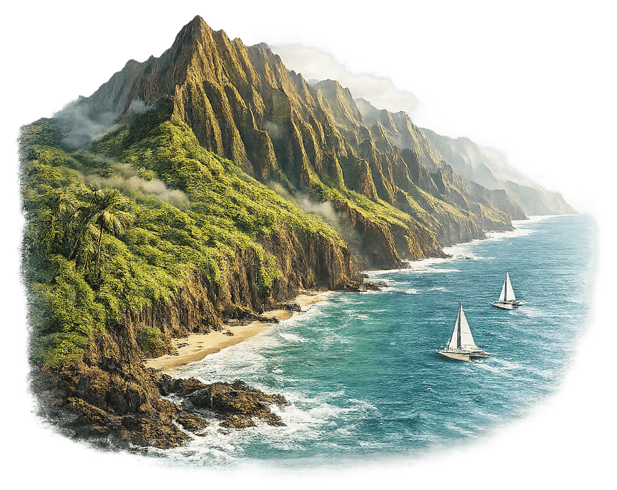 Illustrated view of the dramatic green ridges of the Nā Pali Coast on Kauaʻi