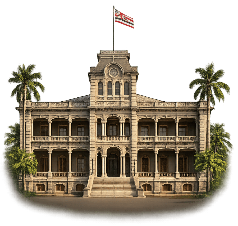 Illustrated front view of ʻIolani Palace, downtown Honolulu, Oʻahu