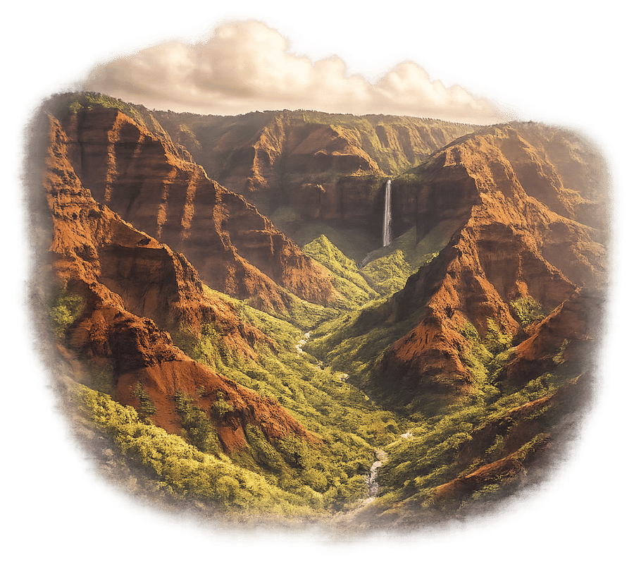 Illustrated aerial view of Waimea Canyon, Kauaʻi — the Grand Canyon of the Pacific