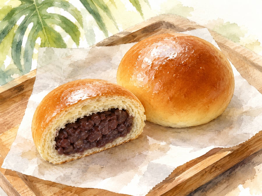 Watercolor illustration of anpan, the Japanese-Hawaiian sweet bean bun