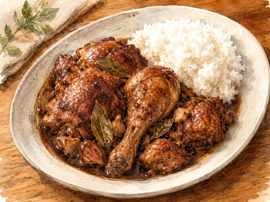 Watercolor illustration of Hawaii-style chicken adobo