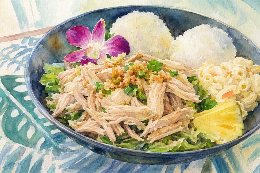 Watercolor illustration of Hawaii-style cold ginger chicken