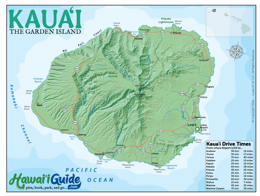 Topographic Kauai Road Map