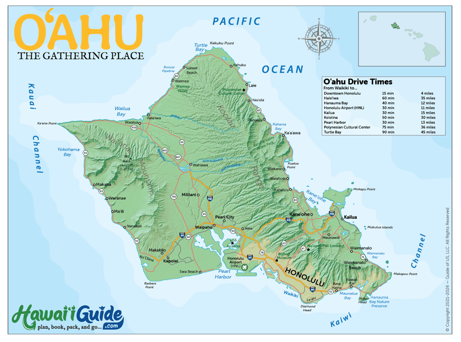 Topographic Oahu Road Map