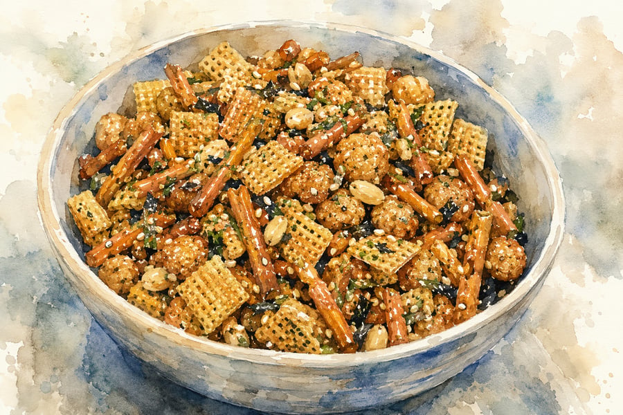Watercolor illustration of Hawaii-style furikake Chex mix