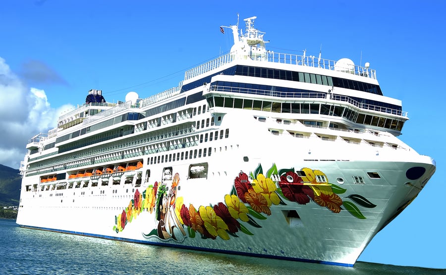 Cruise ship sailing past a Hawaiian coastline