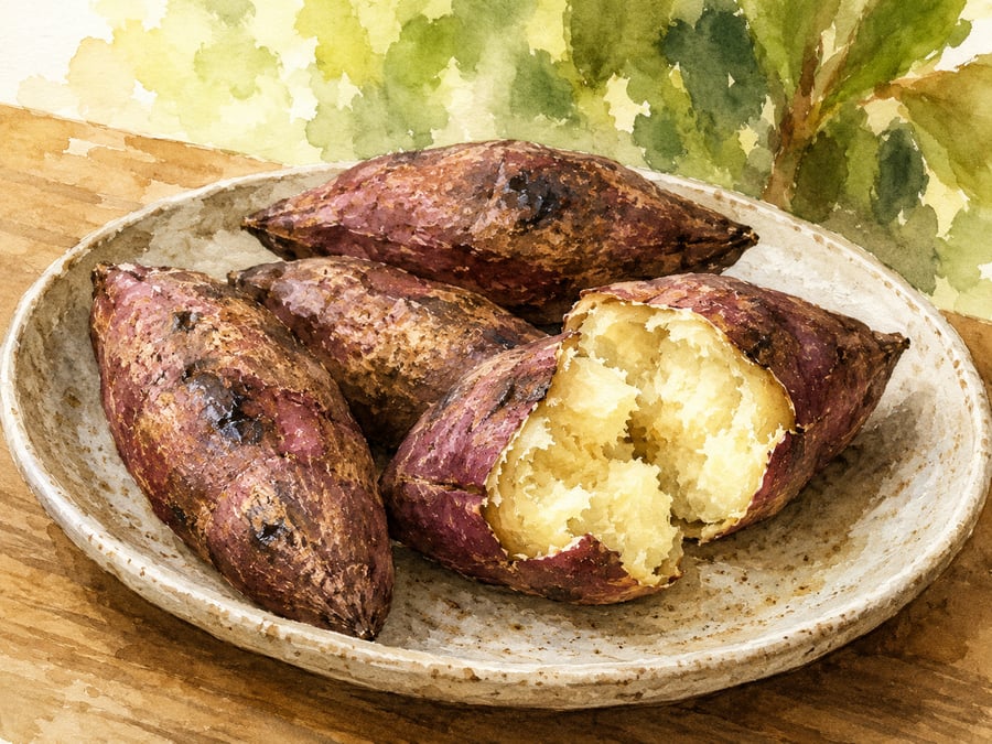 Watercolor illustration of roasted Hawaiian sweet potato (ʻuala)