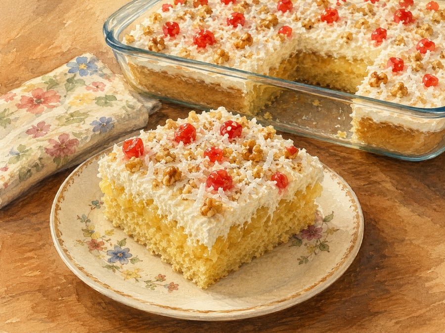 Watercolor illustration of Hawaiian wedding cake — pineapple-coconut sheet cake