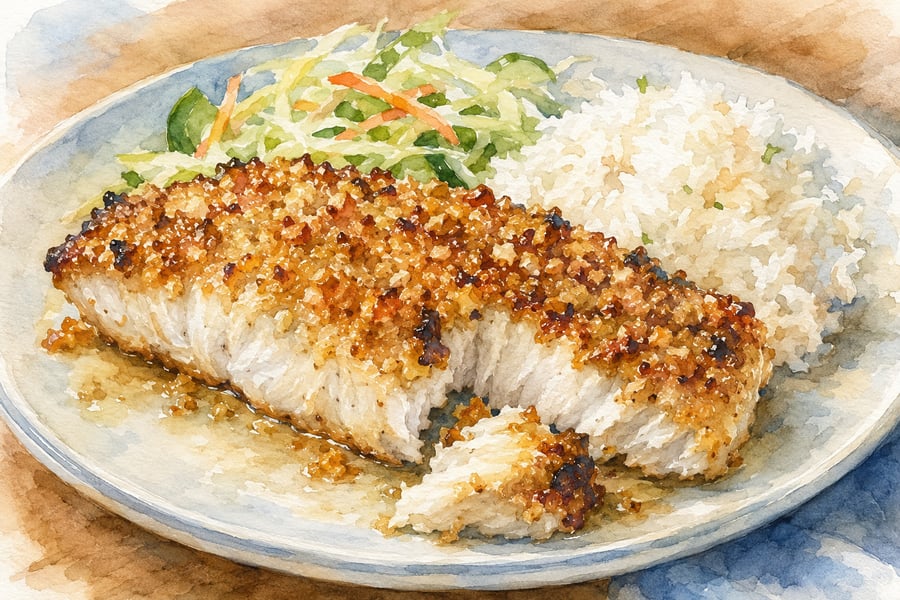Watercolor illustration of macadamia nut crusted mahi mahi