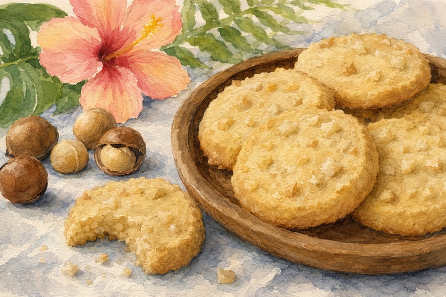 Watercolor illustration of Hawaii macadamia nut shortbread cookies