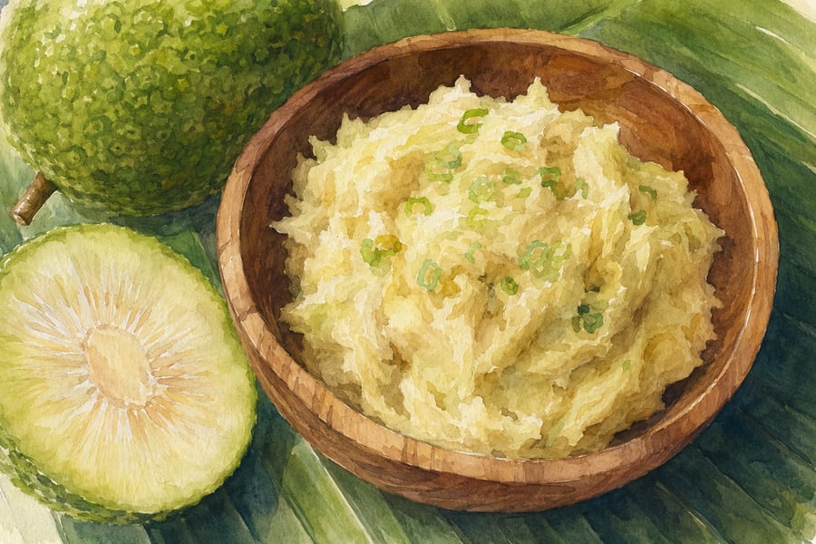 Watercolor illustration of mashed Hawaiian ulu with coconut milk drizzle