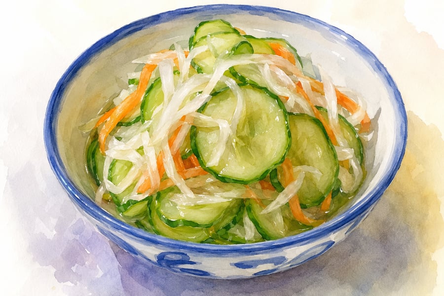 Watercolor illustration of Hawaii-style namasu: ribbons of cucumber and carrot in rice vinegar