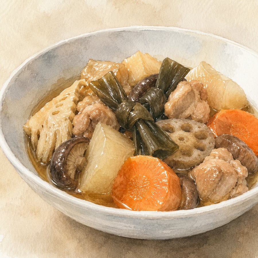 Watercolor illustration of Hawaii-style nishime with chicken, daikon, carrot, and konnyaku