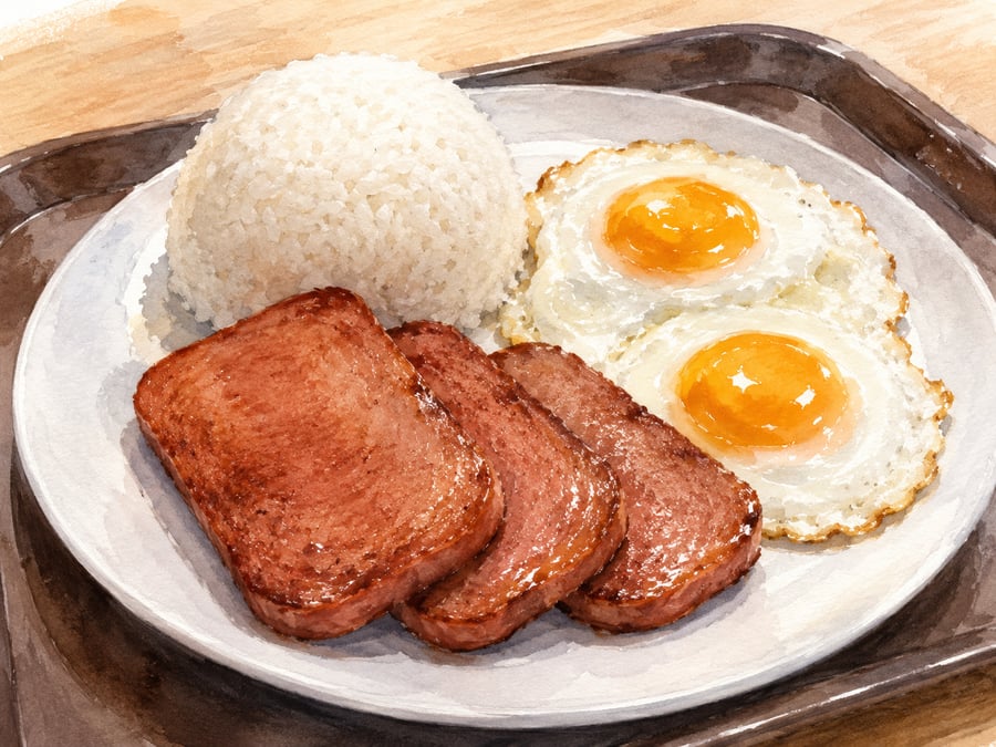 Watercolor illustration of Hawaii's Spam, eggs, and rice breakfast plate