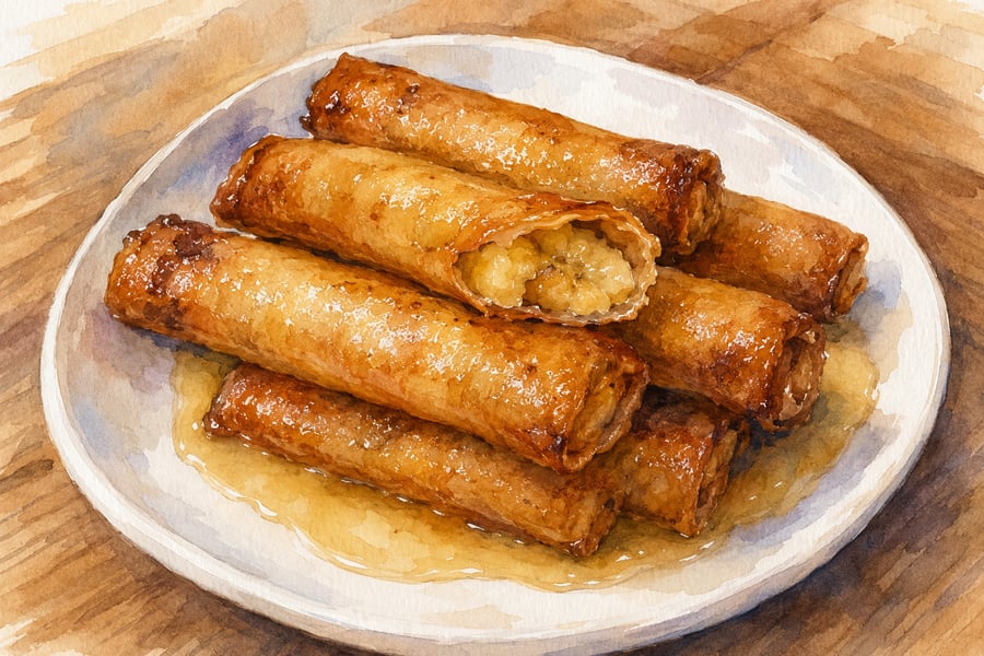 Watercolor illustration of golden-fried turon with caramelized brown sugar coating